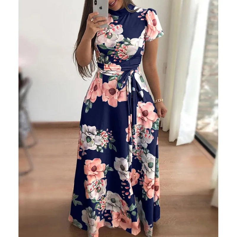 2023 Summer New Women's Luxury Sexy Retro Fashion Round Neck Mid Waist Casual Comfortable Flower Printed Large Swing Dress