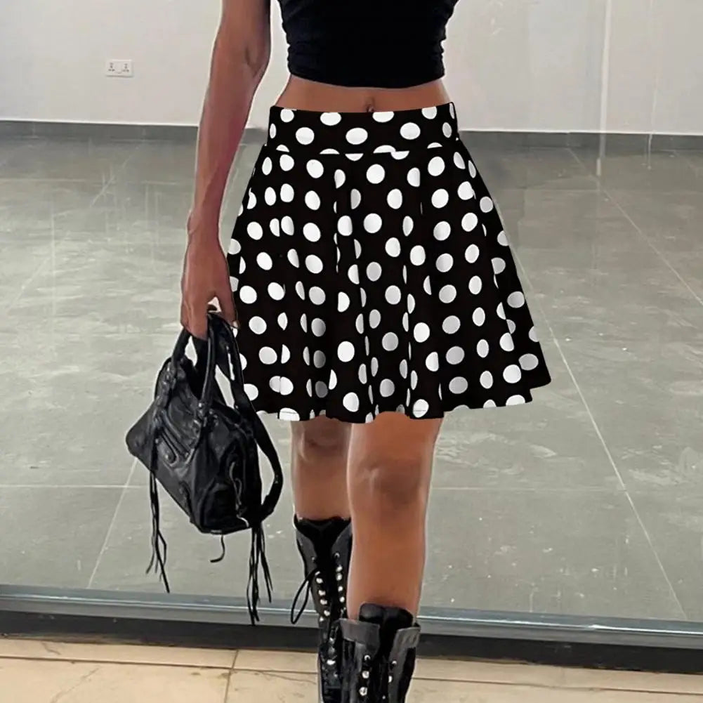 Elegant Women Summer Dot Printed Skirt Breathable Loose High Waist A-line Pleated Midi Skirt Fashion Party Skirt