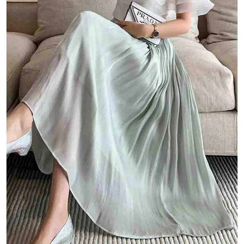 Female Summer Advanced Sense Flowing Light Mid Length A-line Gauze Skirt Women Solid Color Socialite Large Swing Umbrella Skirt