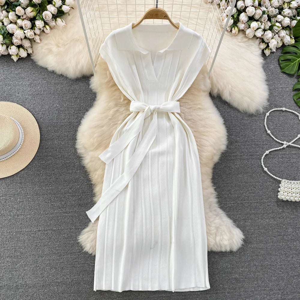 Dress Women Long Dresses Knitted Lace Up Tight Waist Polo Neck Solid Slim Fit Short Sleeve Vestidos Elegant Splice Summer