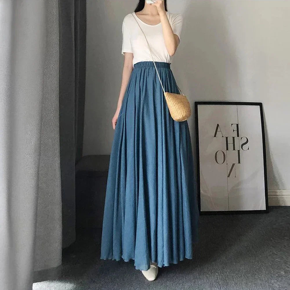 Black White 8 Colors Elegant Midi Skirt Women Loose A-line Cotton Linen Pleated Long Skirts Girl Wave Sun Skirt Dance Skirts