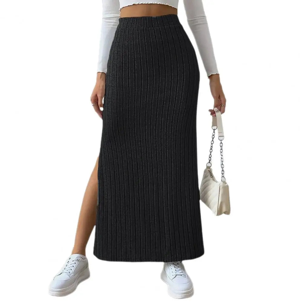 Autumn Winter Elegant Women Maxi Ribbed Skirt High Waist Side Slit Knitting Skirt Slim Long Skirt Summer