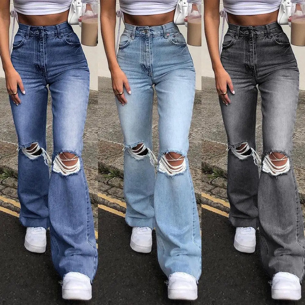 New Denim Wide-footed Trousers Ripped Jeans for Women