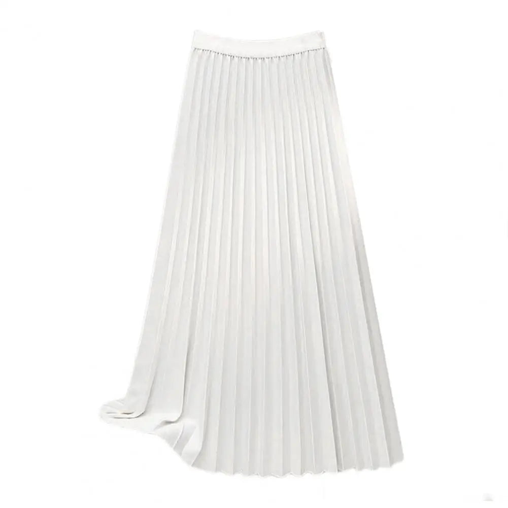 Women Maxi Skirt Elastic High Waist Pleated Skirt Solid Color Smooth Satin A-Line Skirt Work Leisure Wear Короткое Платье Макси