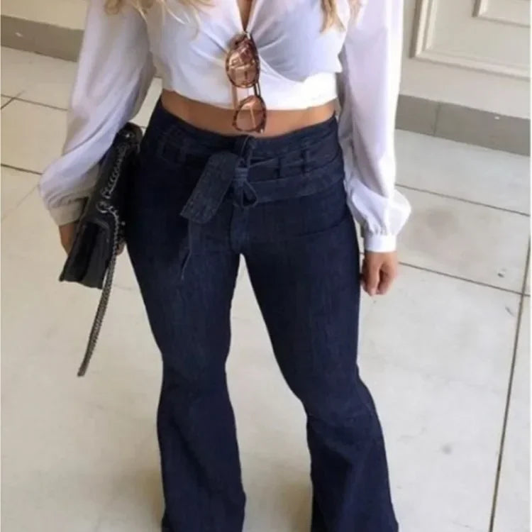 Mom Jeans Women Flare Pants Zipper Fly Flat Pockets Streetwear Denim Work Elegant Bodycon Slight Strech Belt High Waisted Jeans