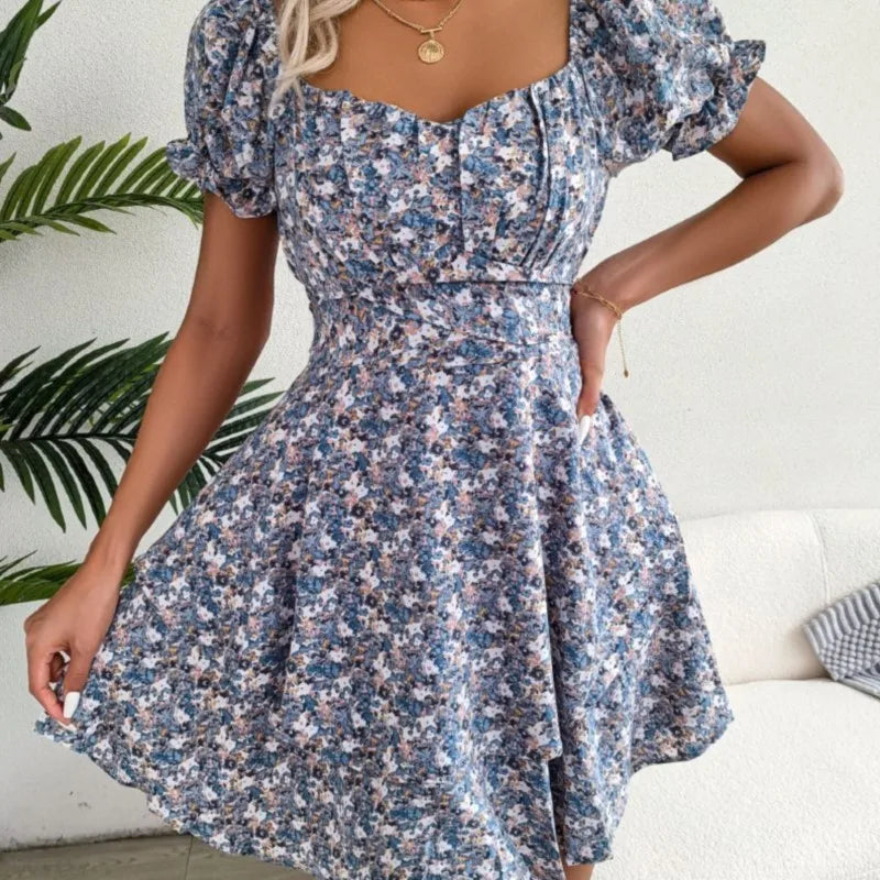 Dress For Women Summer Temperament, Sexy Square Neckline, Floral Pattern, Waist Cinching, Big Swing, Short Skirt Dress For Women