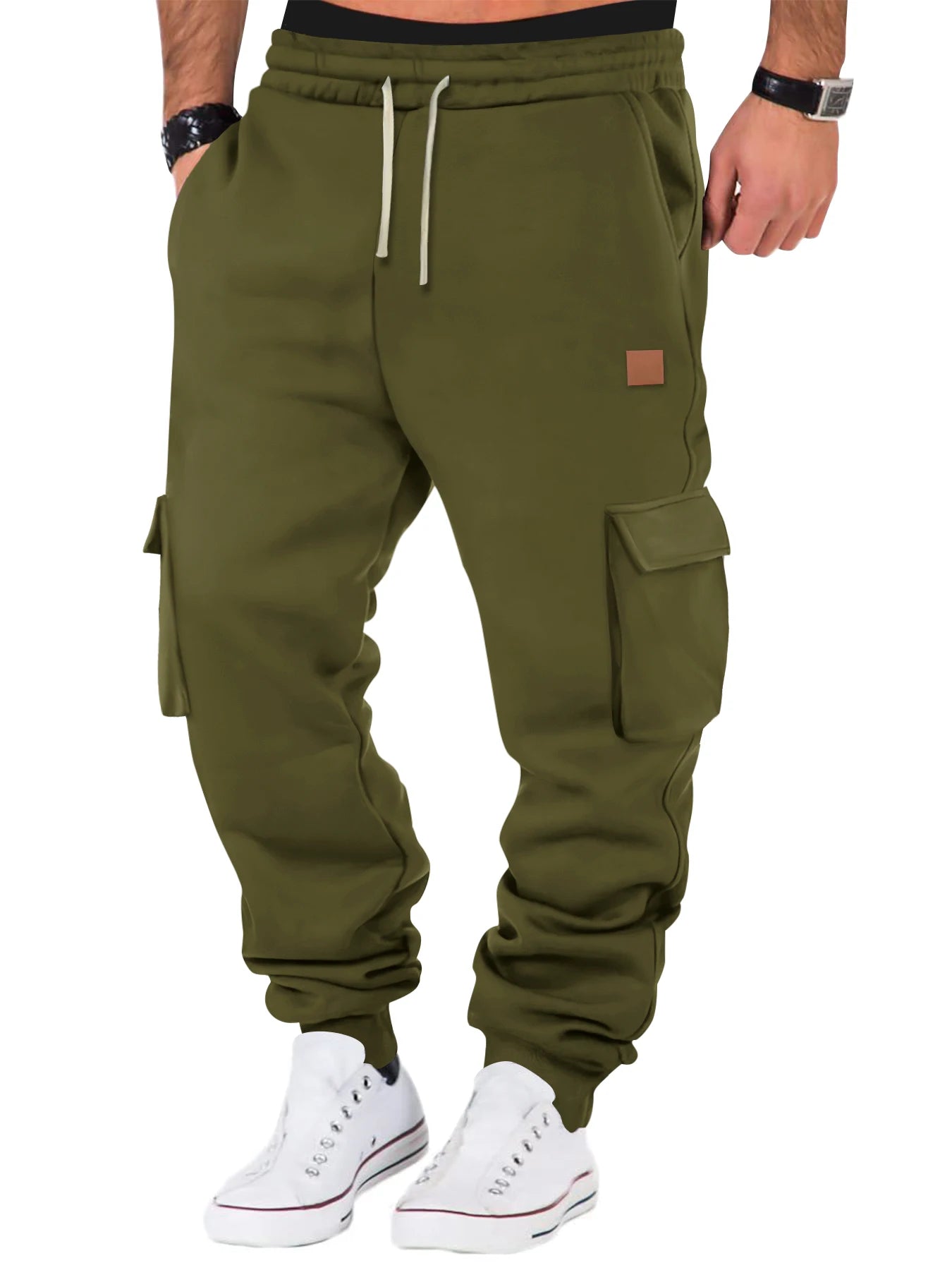 Men's Cotton Trouser Multi-Pocket Micro-elastic Sports Casual Pants Fitness Joggers Fleece Keep Warm Trousers Men Cargo Pants