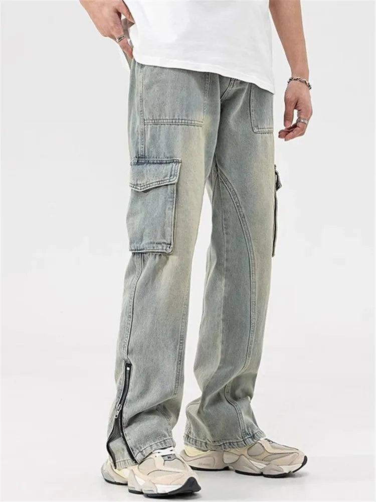 Mud Yellow Jeans for Men Y2K Solid Color Overalls with Buttons Multi-pocket Zipper To Make Old Pants Loose A148