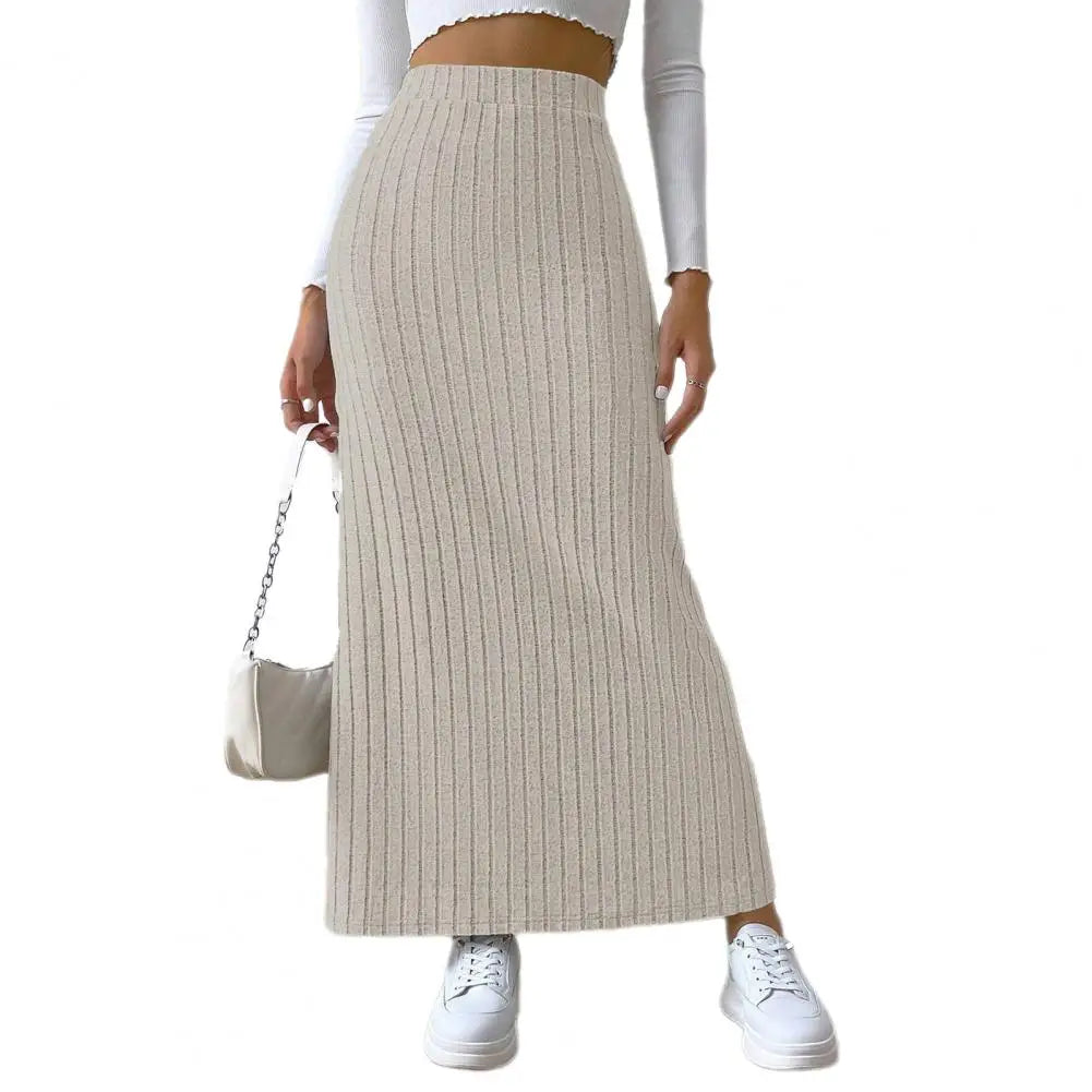 Autumn Winter Elegant Women Maxi Ribbed Skirt High Waist Side Slit Knitting Skirt Slim Long Skirt Summer