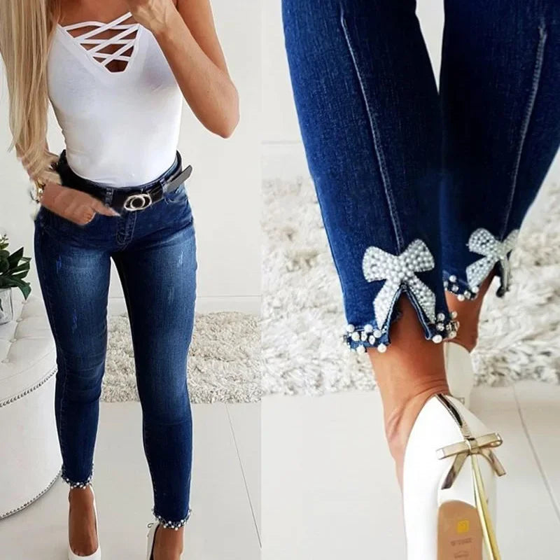 Butterfly Sticky Flower Nail Bead Slit Small Foot Pencil Jeans, Women's Spring and Autumn New Fashion Slimming Long Pants Jeans