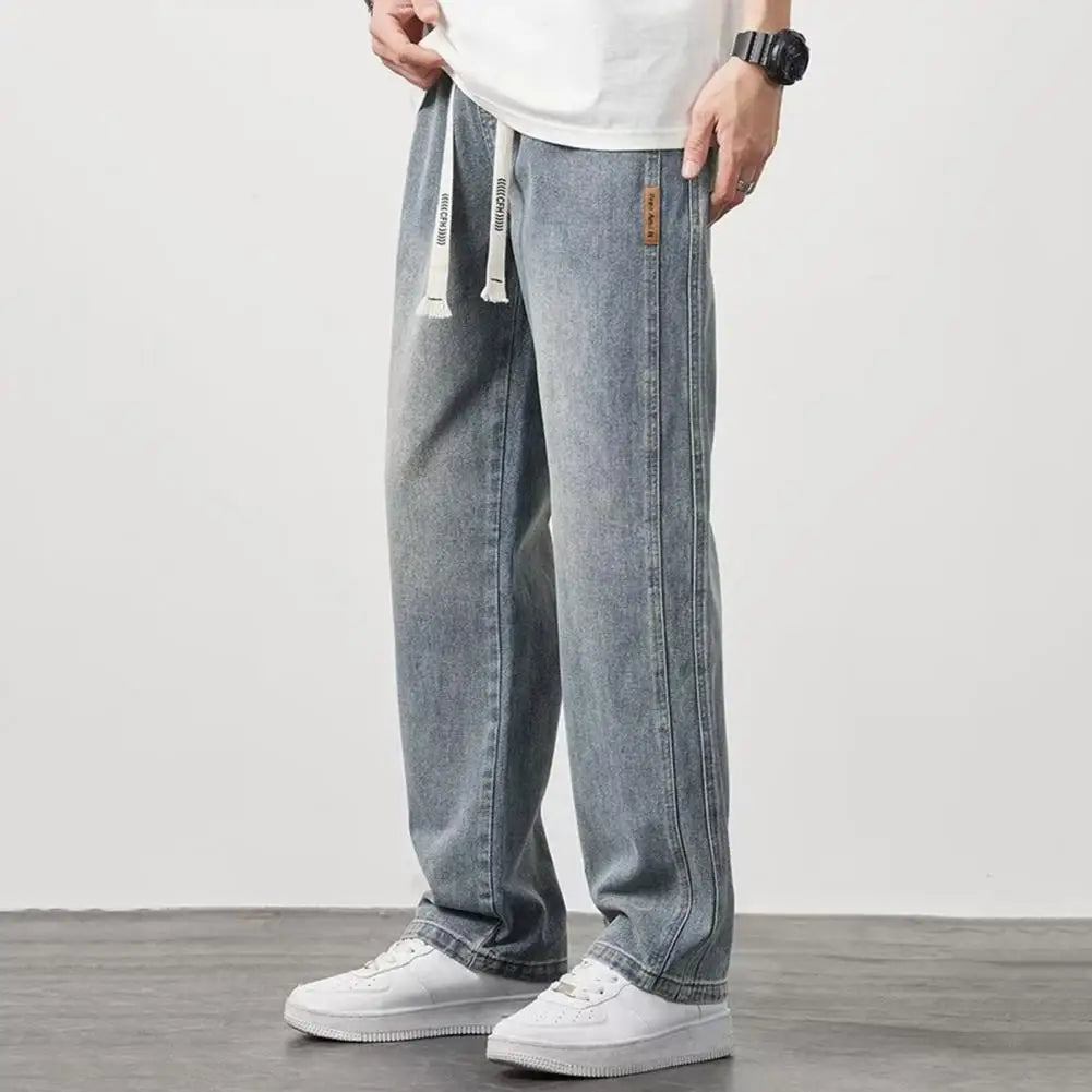 Non-deformed Men Gradient Color Jeans Versatile Men's Elastic Waist Denim Pants Adjustable Drawstring Solid Color for Casual