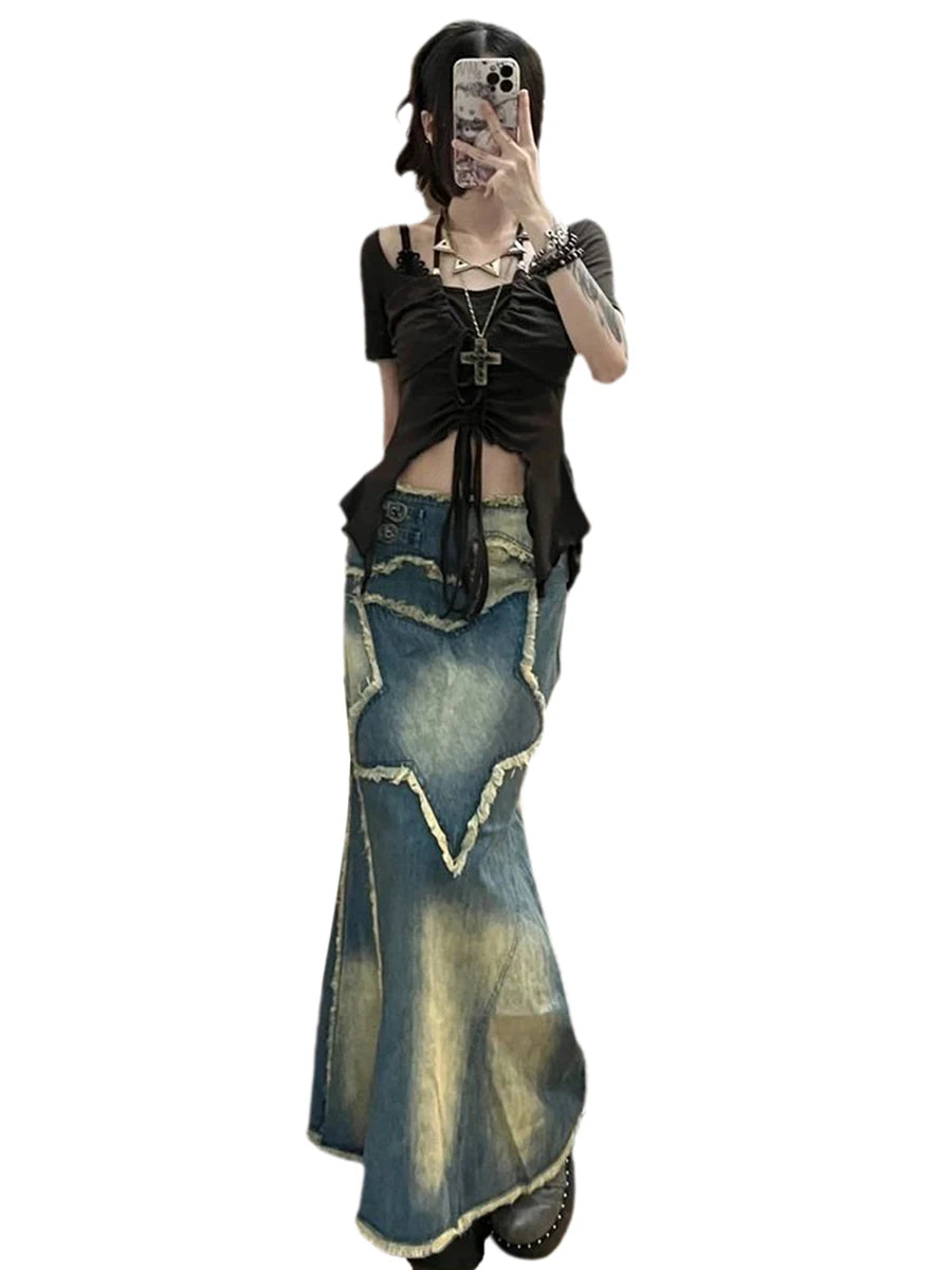 Women Casual High Waisted Long Denim Maxi Skirts y2k Vintage Star Frayed Hem Split A-Line Jean Skirts with Pockets Streetwear