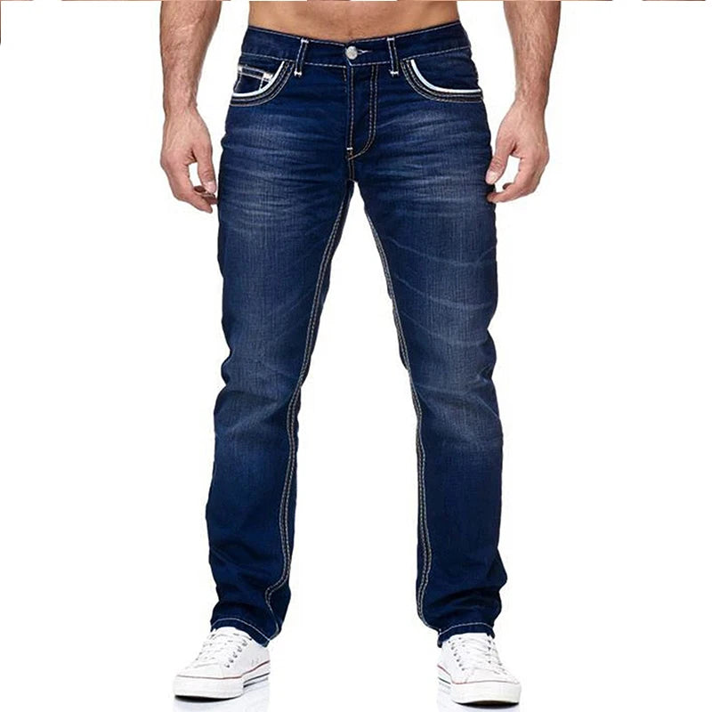 2025 New Fashion Trend High Quality Jeans Classic Straight Pants High Street Blue Washed solid color elastic slim fit Jeans Men