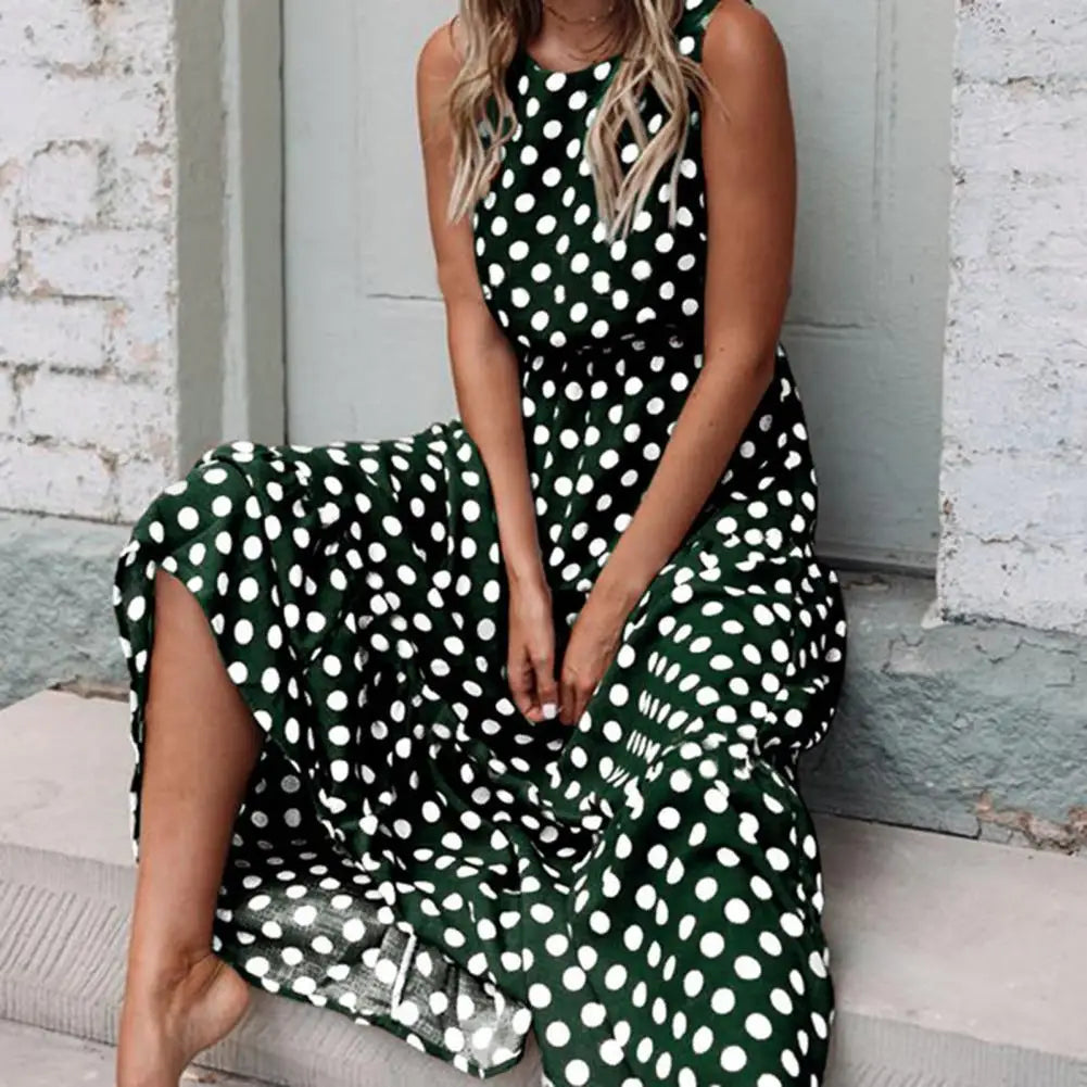 Polka Dot Boho Sundress Women Summer Beach Maxi Long Dresses Sexy Elegant Sleeveless Belts Evening Party Dress Vestido De Mujer