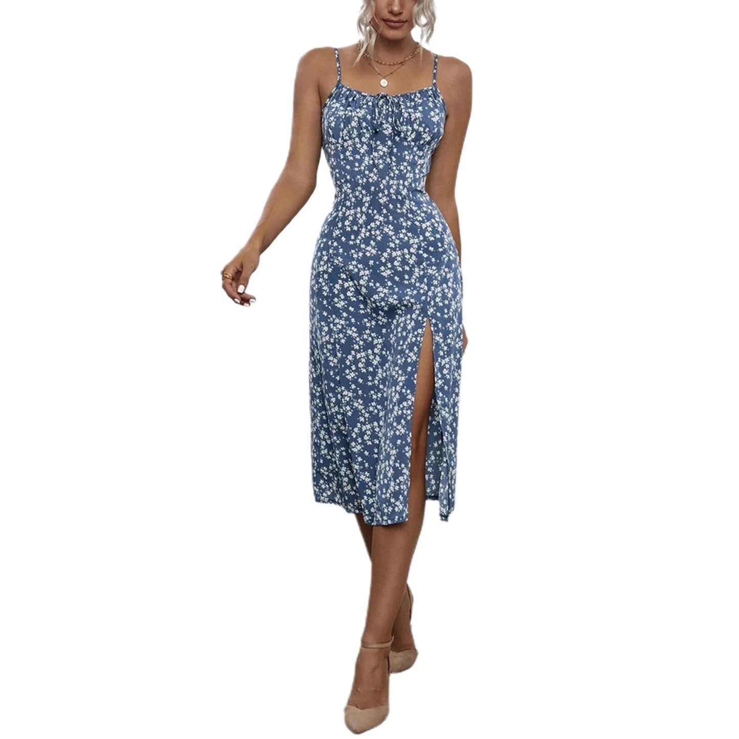 Women's Clothing Summer 2024 Trend Floral Dress, Flower Print Spaghetti Strap Sleeveless  with High Slit for Ladies