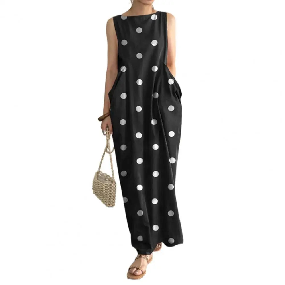 Loose Maxi Dress Summer Maxi Dress with Dot Print O Neck Big Pockets for Women Soft Ankle Length Beach