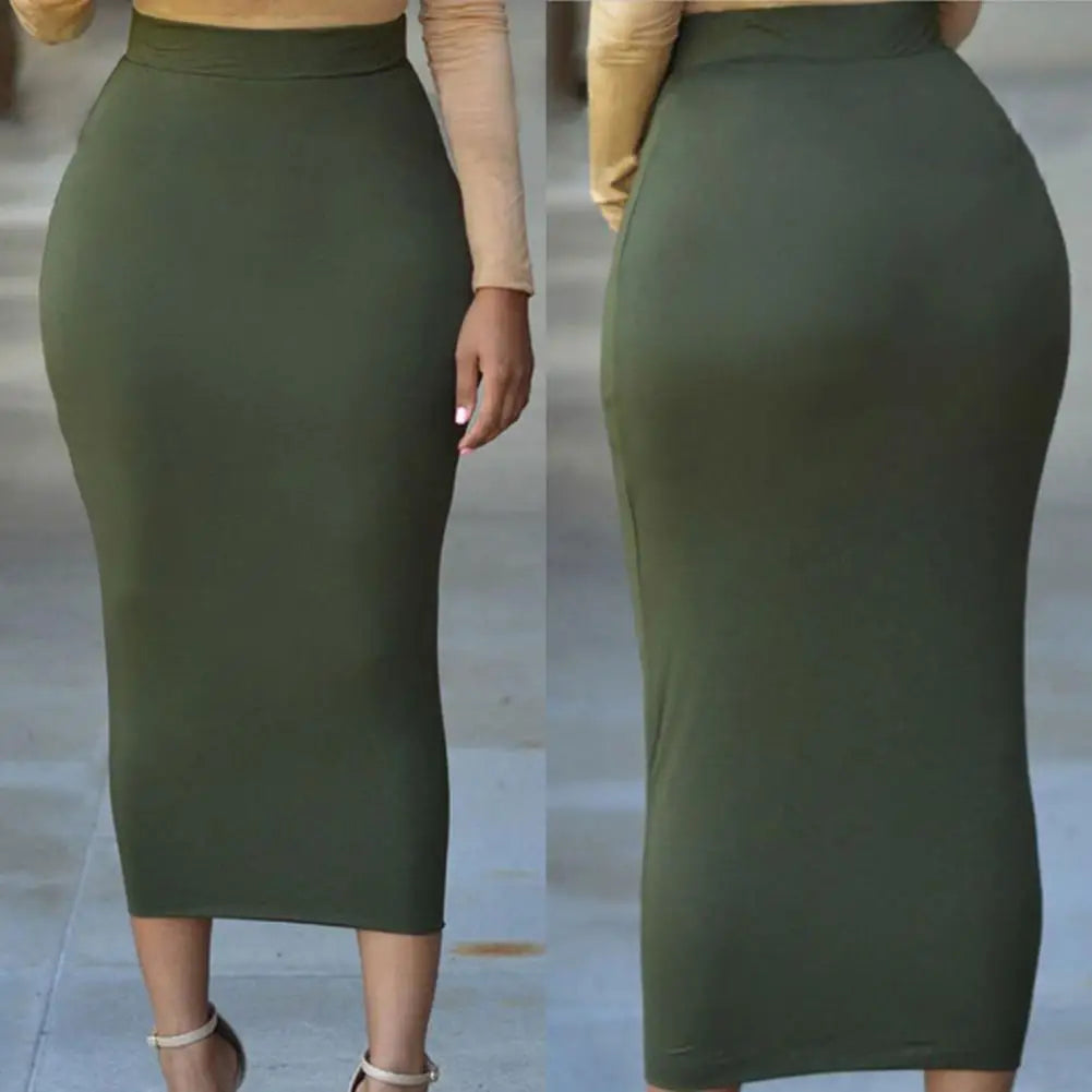 Women Skirt Solid Color Elastic Bodycon High Waist Dating Skirt Match Top Comfortable Mid-calf Length Sheath Skirt Women Garment