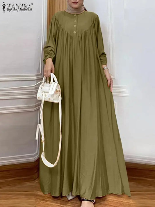 ZANZEA Vintage Solid Color Muslim Dress Woman Vintage Turkey Robe Long Sleeve O Neck Pleated Casual Party Islamic Clothing 2024