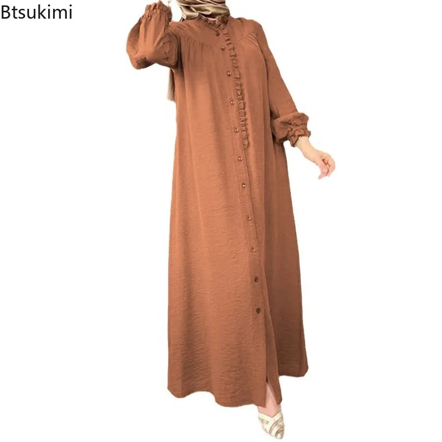 Muslim Fashion Modest Abaya for Women Morocco Solid Casual Robe Puff Sleeve Party Evening Dresses Female Button-up Long Vestidos