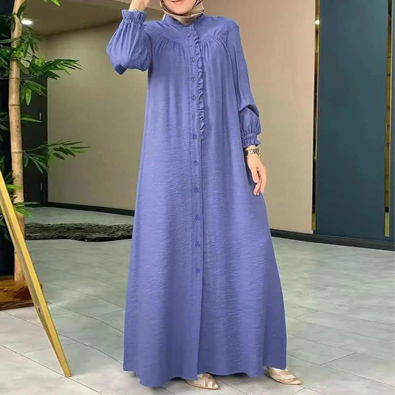 Muslim Fashion Modest Abaya for Women Morocco Solid Casual Robe Puff Sleeve Party Evening Dresses Female Button-up Long Vestidos