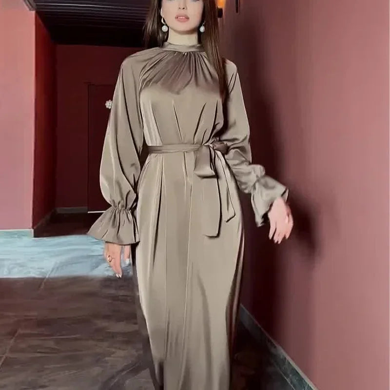 Long Sleeve Muslim Dress Women Solid Satin Dress for Women Slim-fit Belt Evening Dresses Abaya Dubai Islamic Clothing Vestidos