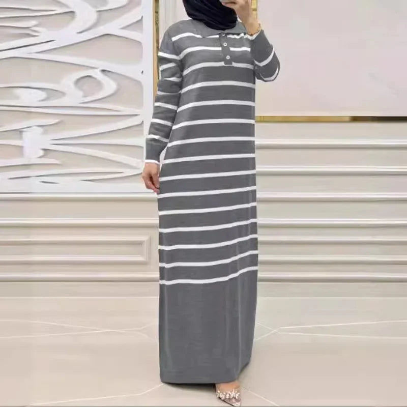 Eid Muslim Women Knit Dress Stripes Jalabiya Kaftan Islam Vestidos Long Robe Ramadan Morocco Dubai Abayas Knitting Dresses