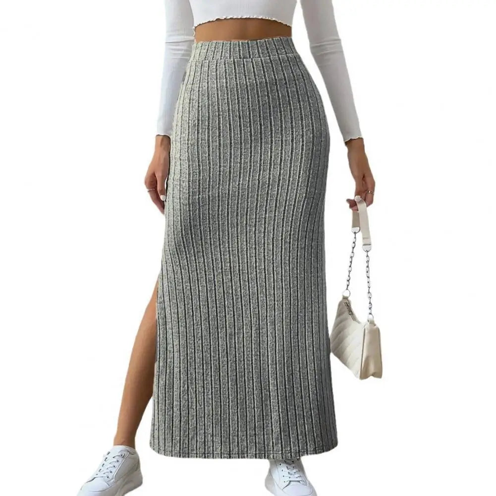 Autumn Winter Elegant Women Maxi Ribbed Skirt High Waist Side Slit Knitting Skirt Slim Long Skirt Summer