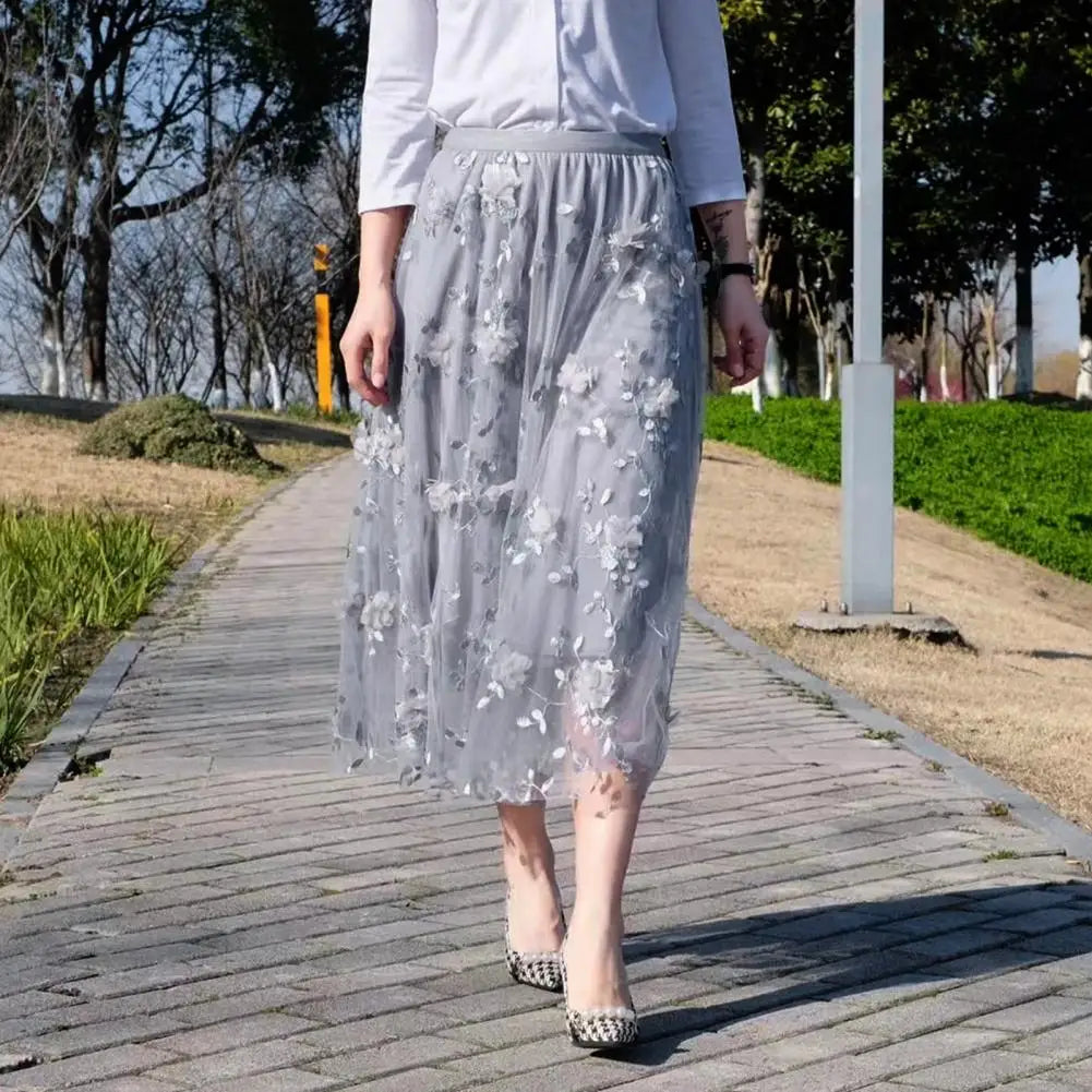 Women High Waist Midi Skirt Elegant Floral Embroidery Mesh Midi Skirt with Double Layered Tulle High Waist A-line for Women