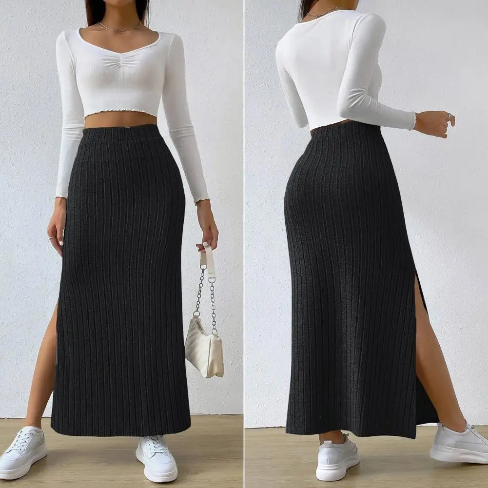 Autumn Winter Elegant Women Maxi Ribbed Skirt High Waist Side Slit Knitting Skirt Slim Long Skirt Summer