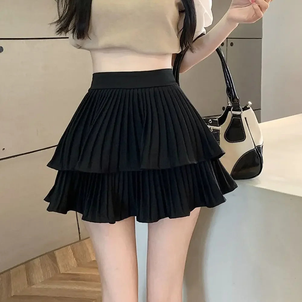 Double Layer Cake Skirt Fashion Summer High Waist Short Skirt Built in Shorts Black Tennis Skirt