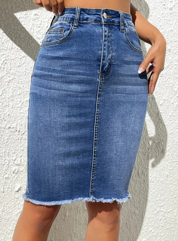 Skirts Women Denim Skirt Mid Length Slim Fit Solid High Waist Casual Regular Elegant Splice Hip Wrap Button Pocket Summer