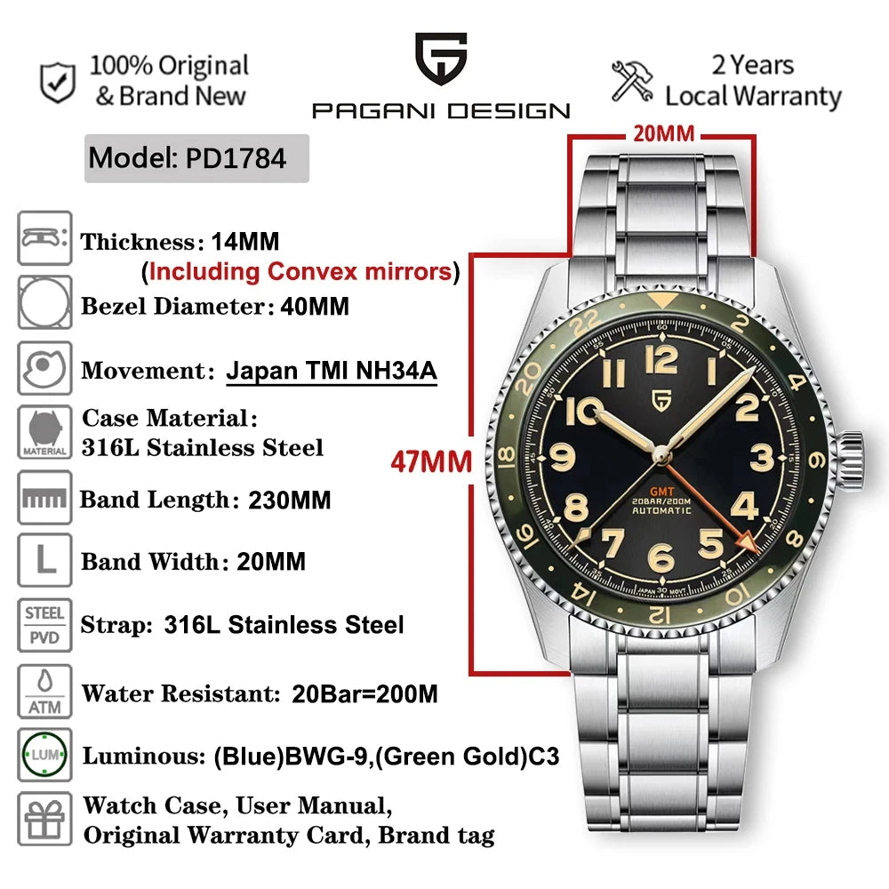 2024 NEW PAGANI DESIGN Top PD1784 Japan NH34 GMT Automatic Mechanical Waterproof Men Watch Brand Sapphire Glass reloj hombre