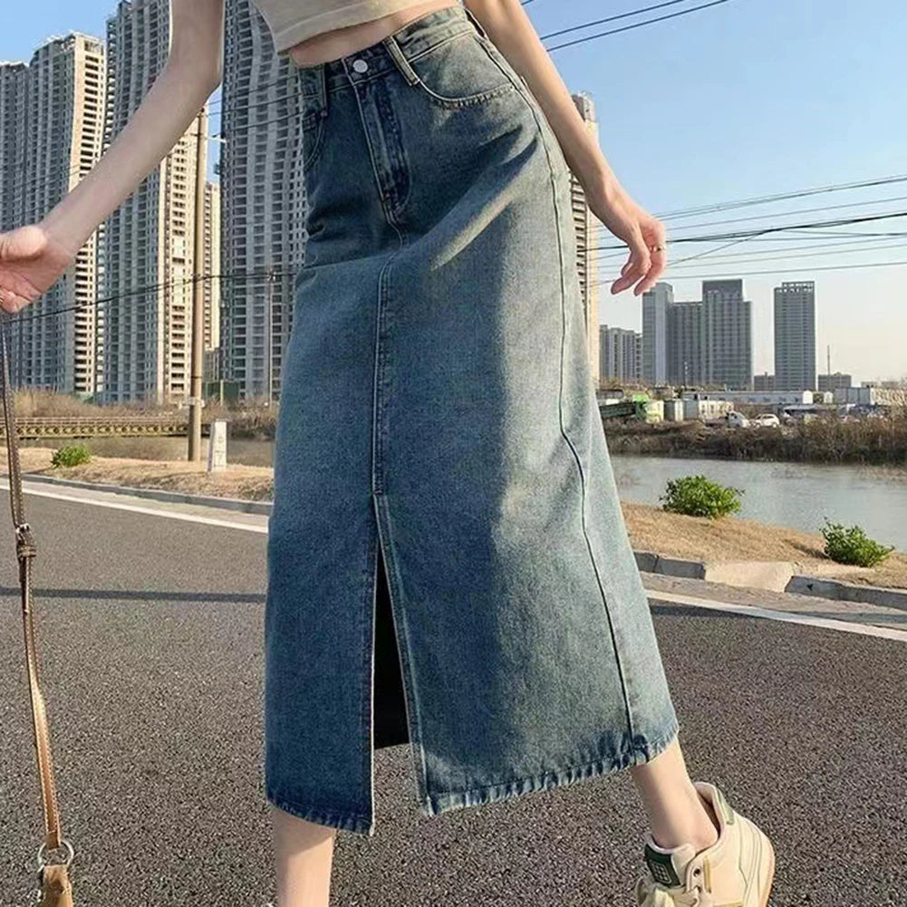 Women's Long Denim-Skirts High Wasit Jeans Skirt Straight Side Split A-line Pencil Skirts Lady Hip-covering Straight Long Skirt