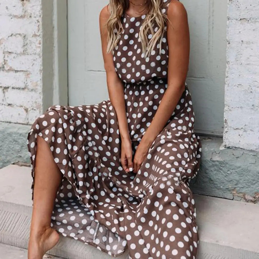 Polka Dot Boho Sundress Women Summer Beach Maxi Long Dresses Sexy Elegant Sleeveless Belts Evening Party Dress Vestido De Mujer