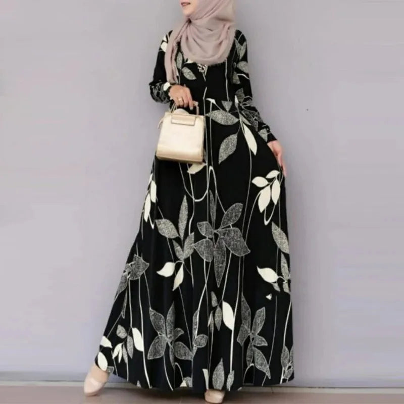 Muslim Printed Long Sleeve Dress for Women Casual Bohemian Robes Holiday Muslim Dress Dubai Full Length Abaya Turkey Spring Robe