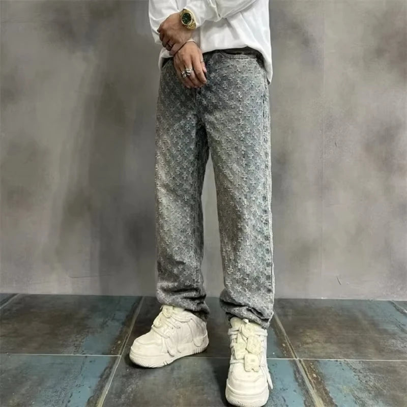 Y2k American High Street Jacquard Full Print Simple Casual High-Grade Jeans Men's Design Sense Straight Fashion Loose Pants Tide