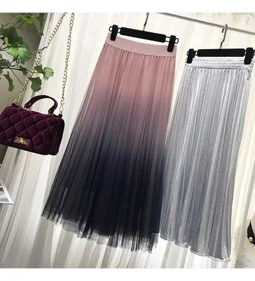 Long Tulle Skirt Women 2019 Autumn Gradient Korean Elegant High Waist A-line Pleated School Midi Skirt Female