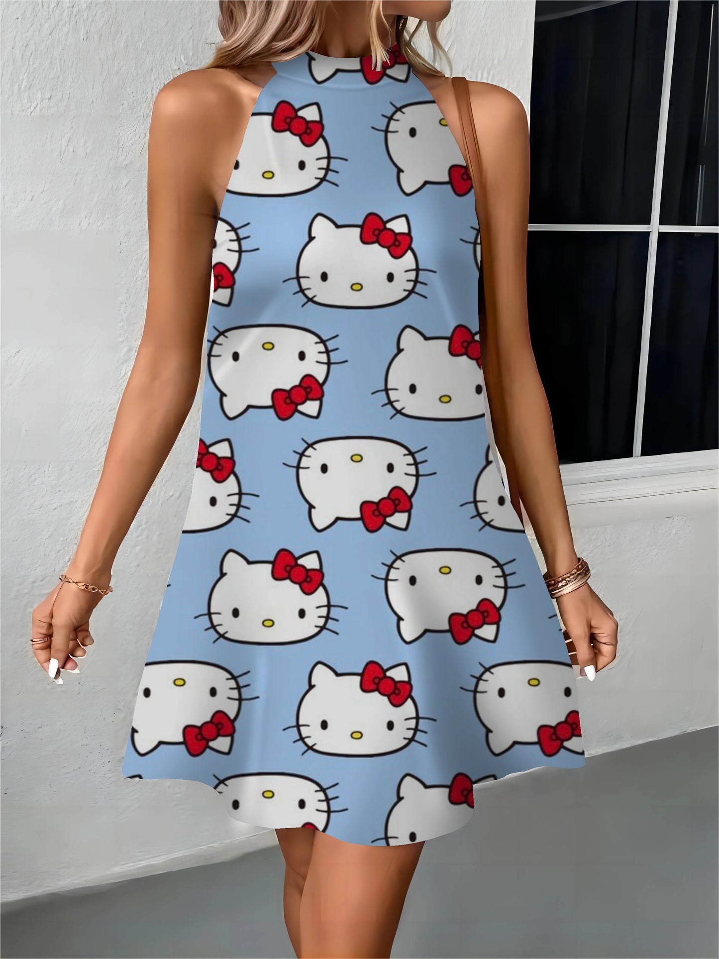 Beach Female Women's Dress Off Shoulder Midi Dresses Hello Kitty Bow Knot Apron Womens Fashion Summer 2024 Elegant Party Evening