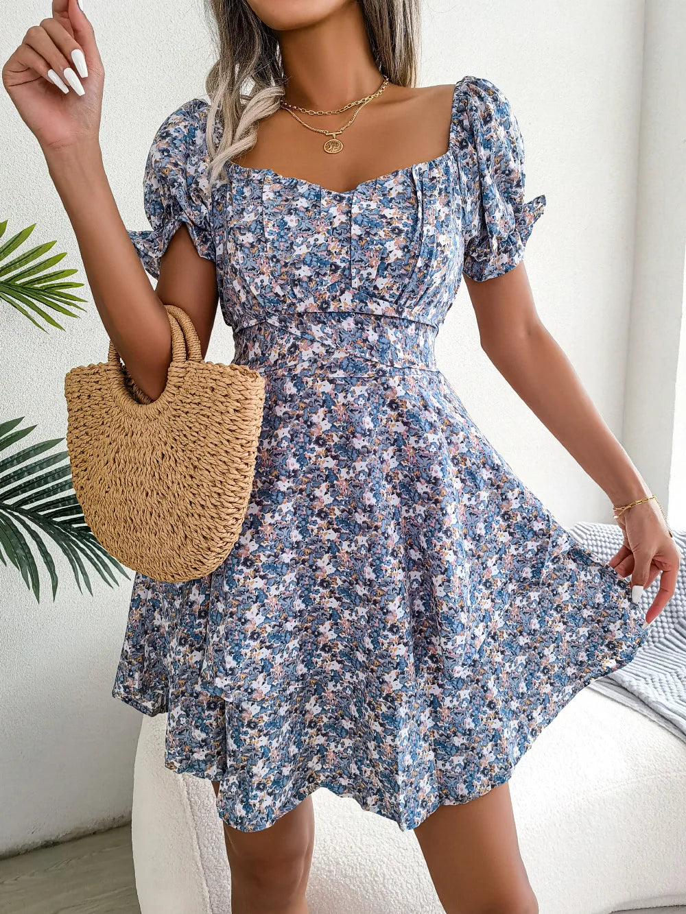 Dress For Women Summer Temperament, Sexy Square Neckline, Floral Pattern, Waist Cinching, Big Swing, Short Skirt Dress For Women