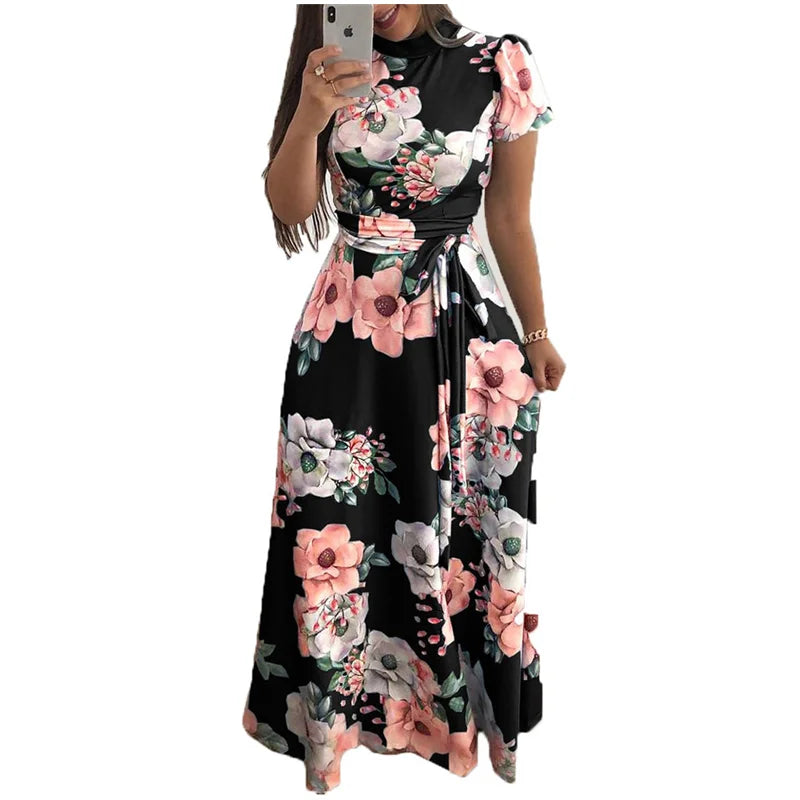 2023 Summer New Women's Luxury Sexy Retro Fashion Round Neck Mid Waist Casual Comfortable Flower Printed Large Swing Dress