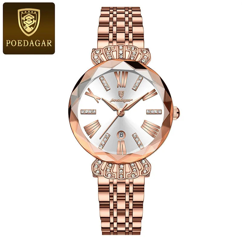 POEDAGAR Romantic Crystal Ladies Watches Top Brand Diamond Waterproof Women Watch Luxury Stainless Steel Female Clocks Rose Gold