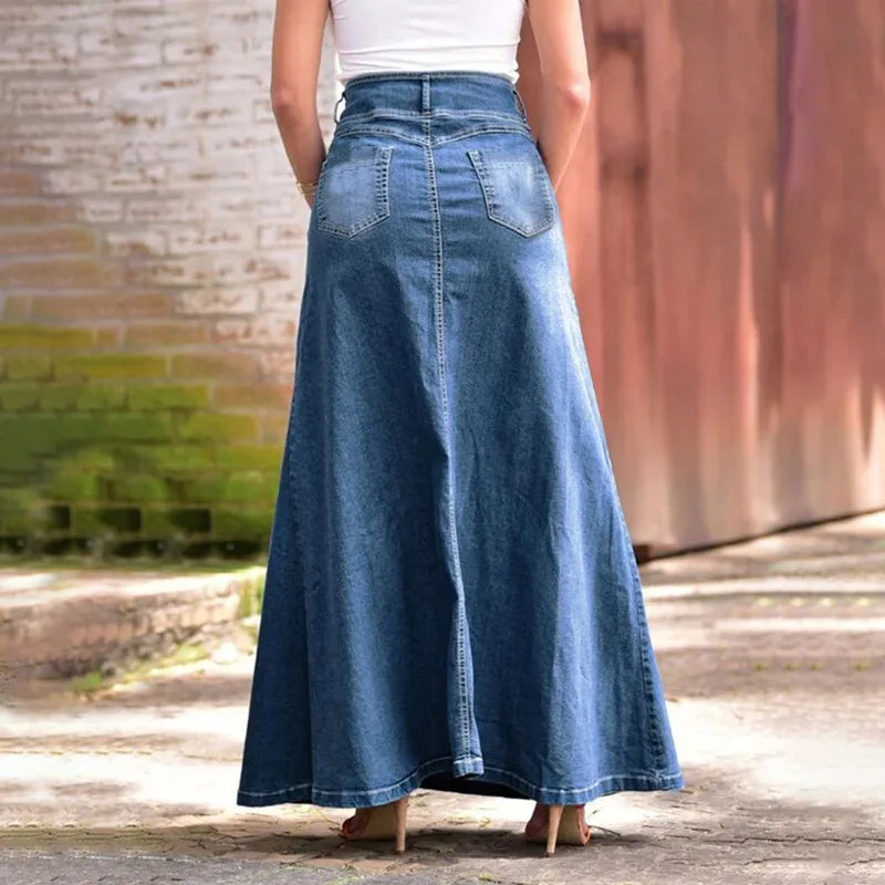 Skirts Women A Line Long Skirt Slim Fit High Waist Elegant Splice Denim Sexy Casual Regular Pocket Button Solid Summer 2024