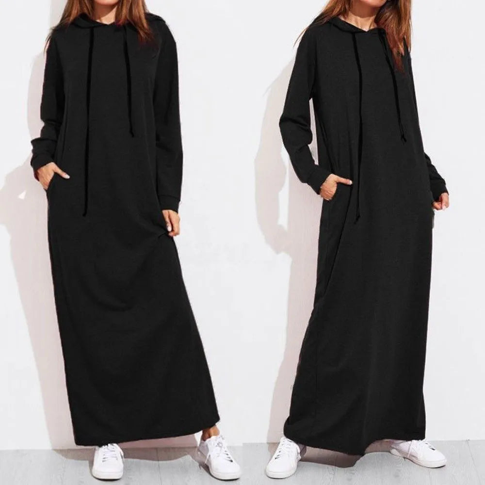 Autumn Women's Dress 2023 New Fashion Simple Retro Hooded Dress Sweatshirt Winter Long Sleeve Pocket Solid Hooded Robe