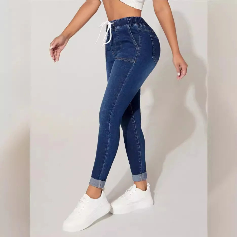 Stretch Pencil Pants Women High Waist Lace Up Distressed Denim Ankle Length Trousers Slim Denims 2024 Streetwear Vintage Jeans