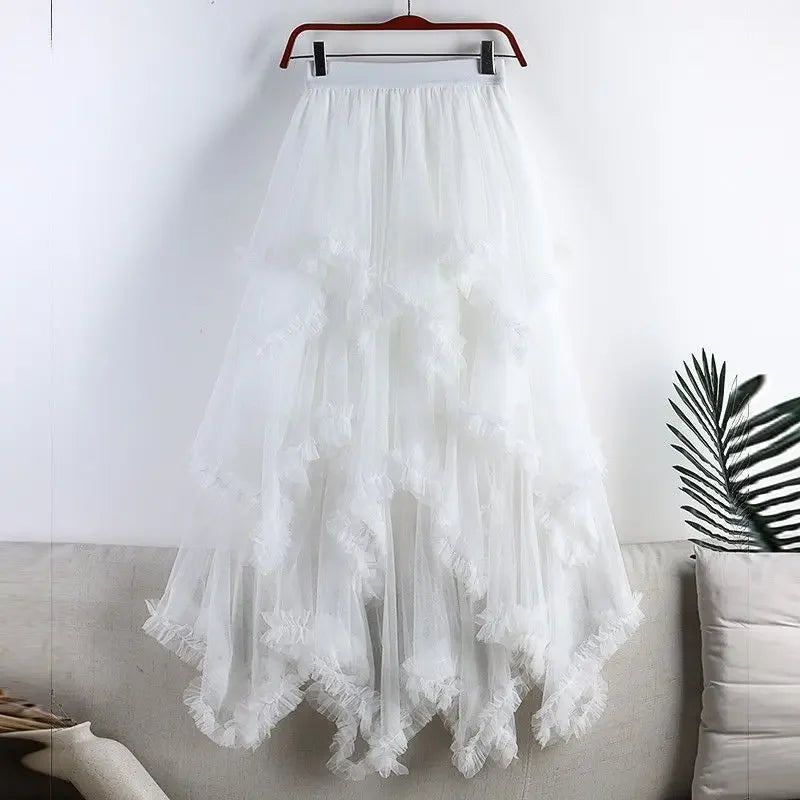 Summer Fashion Irregular Cake Tulle Skirt Women Sweet Midi Long High Waist A-line Skirt Female Mesh Party Evening Skirt