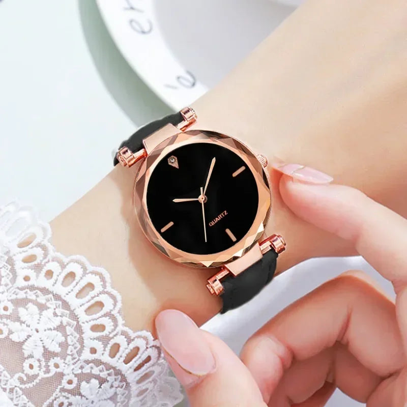 2024 Luxury Fashion Women Watch Set PU Leather Strap Ladies Quartz Wristwatch Rhinestone RoseGold Alloy Bracelet for Ladies Gift