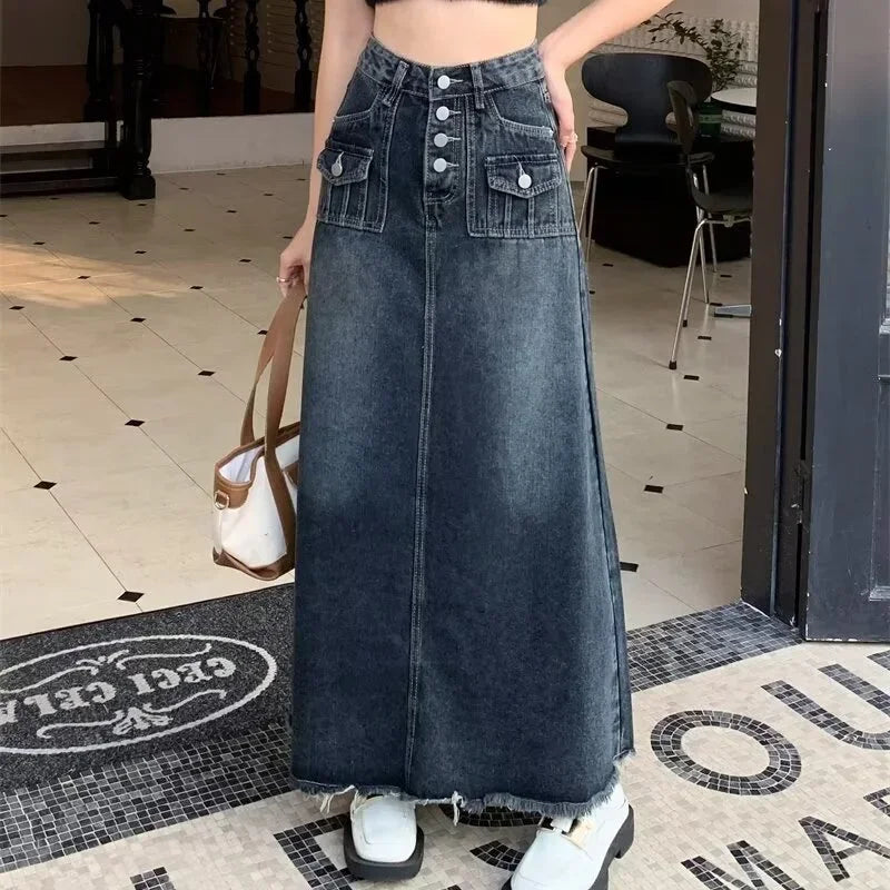 2024 New Streetwear Denim Skirt Spring Summer Fashion Frayed Hem Pocket High Waist Long Jeans Skirt Loose Plus Size Skirt S-5XL