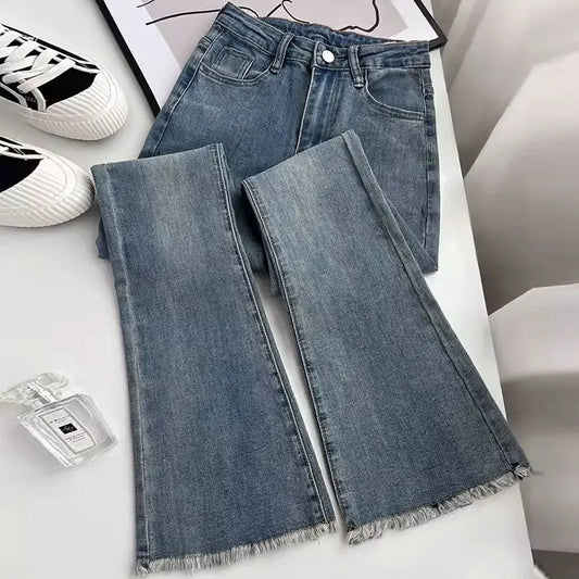 American Retro Micro-flared Jeans, Women's Autumn and Winter Fashion Slim-fit High-waisted Stretch Long Pants,Floor-length Jeans