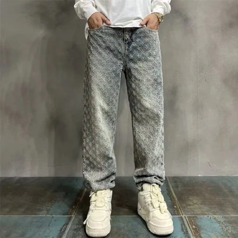 Y2k American High Street Jacquard Full Print Simple Casual High-Grade Jeans Men's Design Sense Straight Fashion Loose Pants Tide