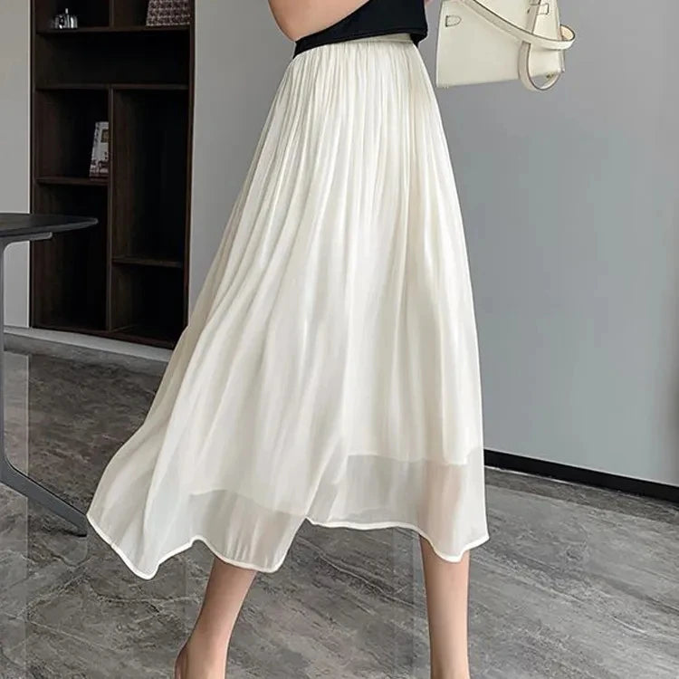 Female Summer Advanced Sense Flowing Light Mid Length A-line Gauze Skirt Women Solid Color Socialite Large Swing Umbrella Skirt